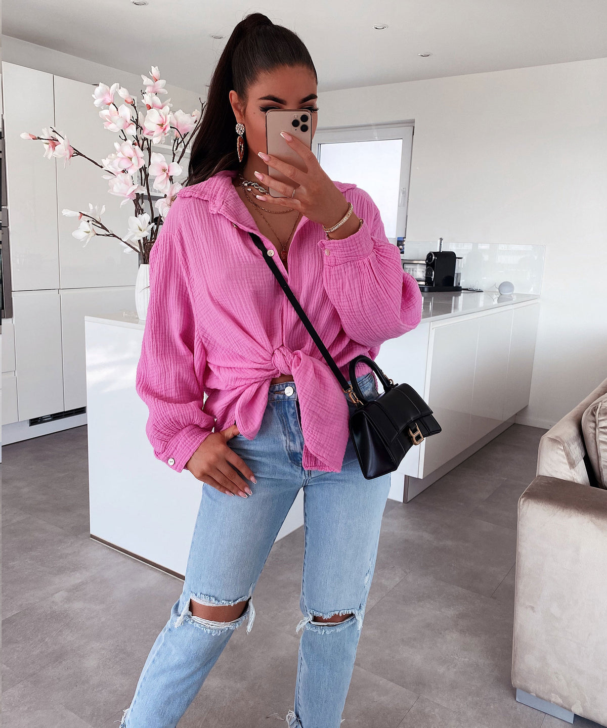 Blusa oversize de muselina Freya – rosa claro, de manga corta, ligera y cómoda