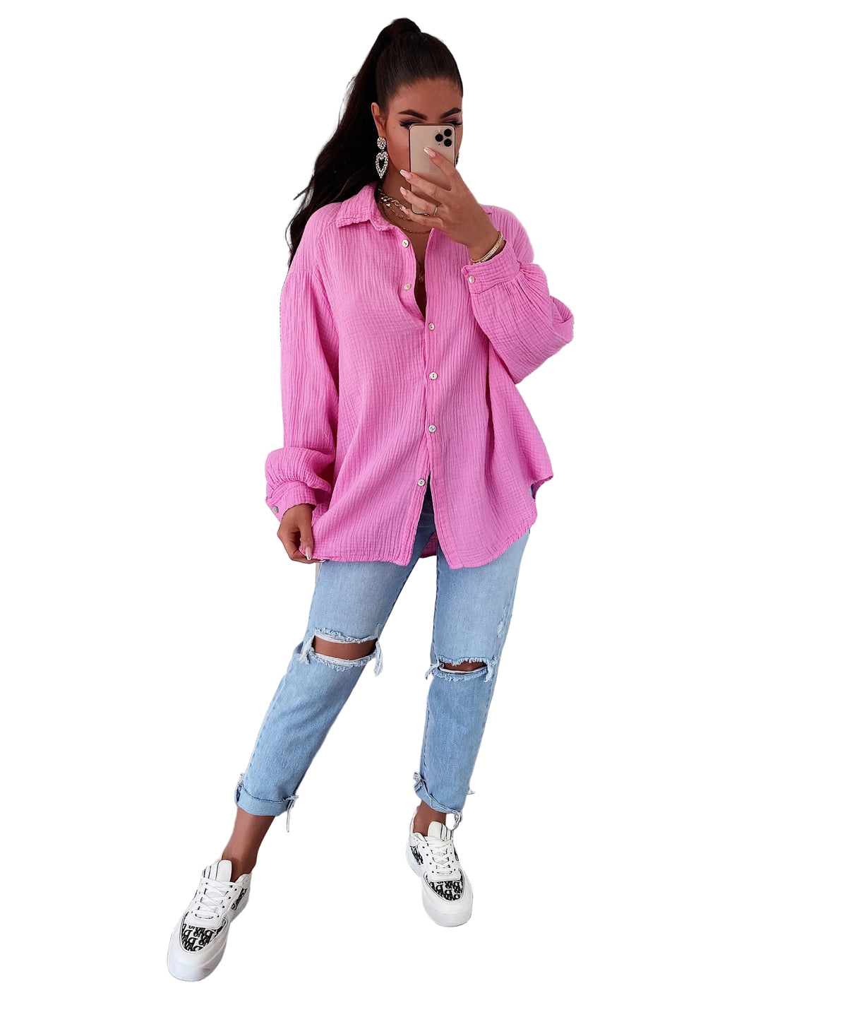 Blusa oversize de muselina Freya – rosa claro, de manga corta, ligera y cómoda