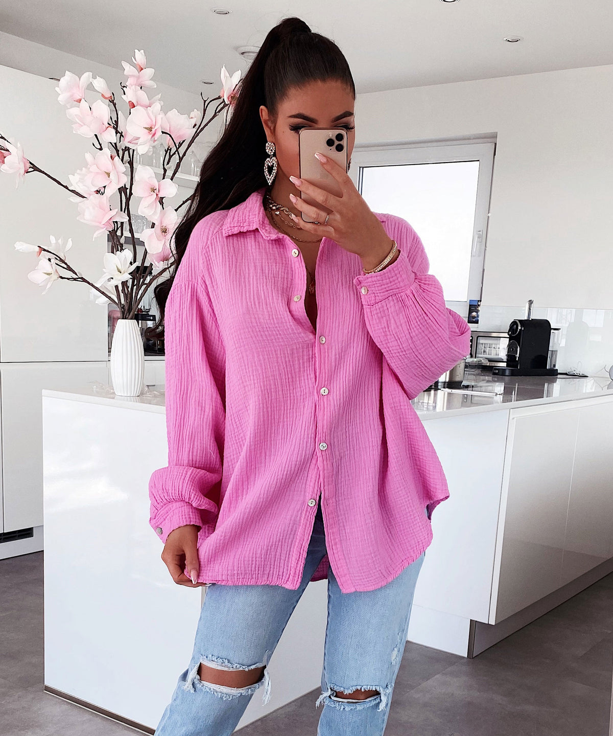 Blusa oversize de muselina Freya – rosa claro, de manga corta, ligera y cómoda