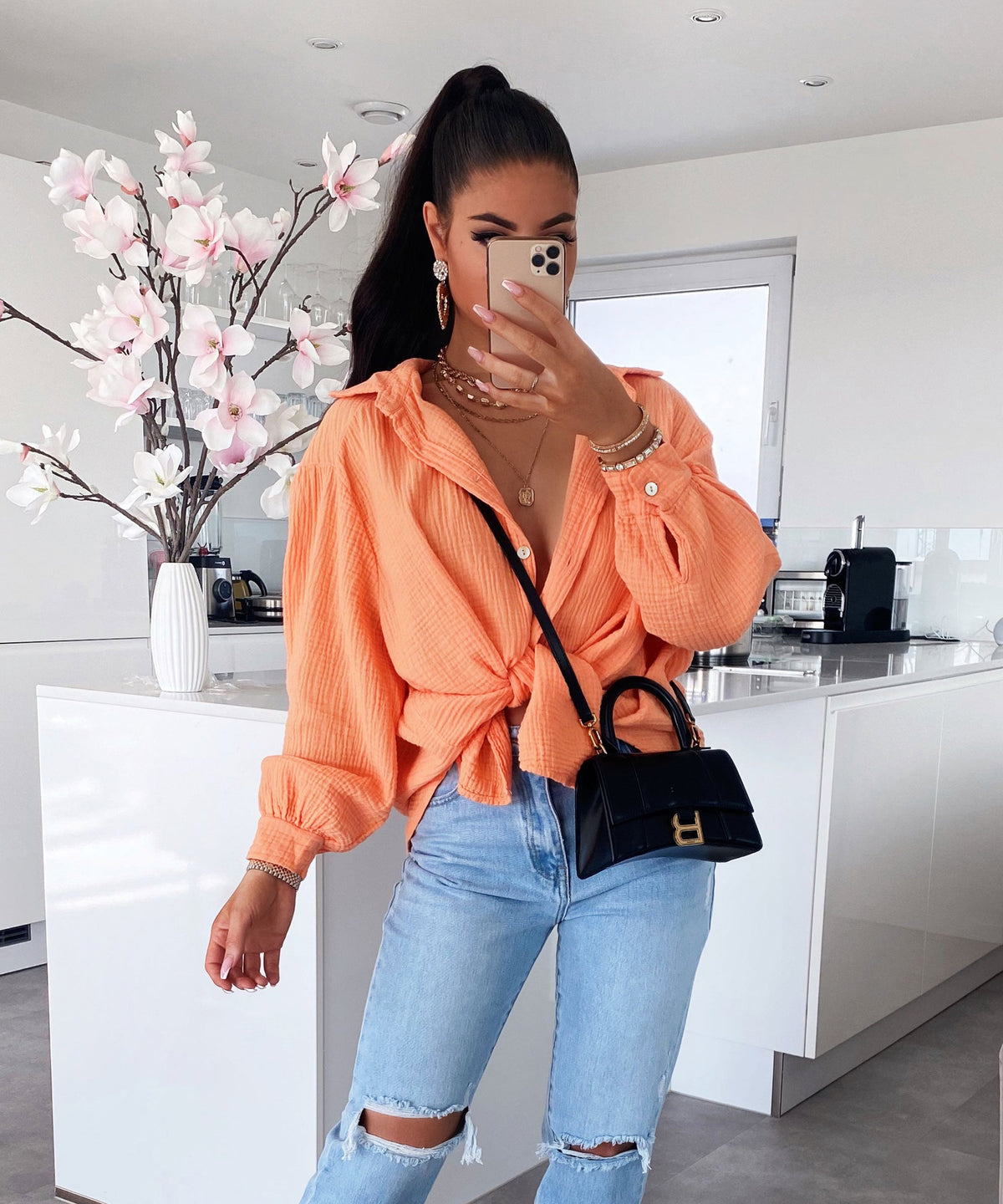 Blusa oversize de muselina Freya – naranja pastel, manga corta