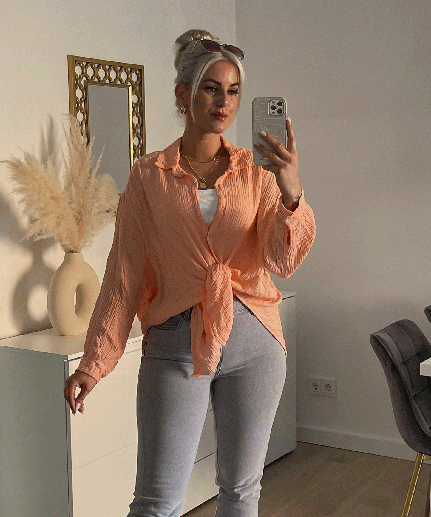 Blusa oversize de muselina Freya – naranja pastel, manga corta