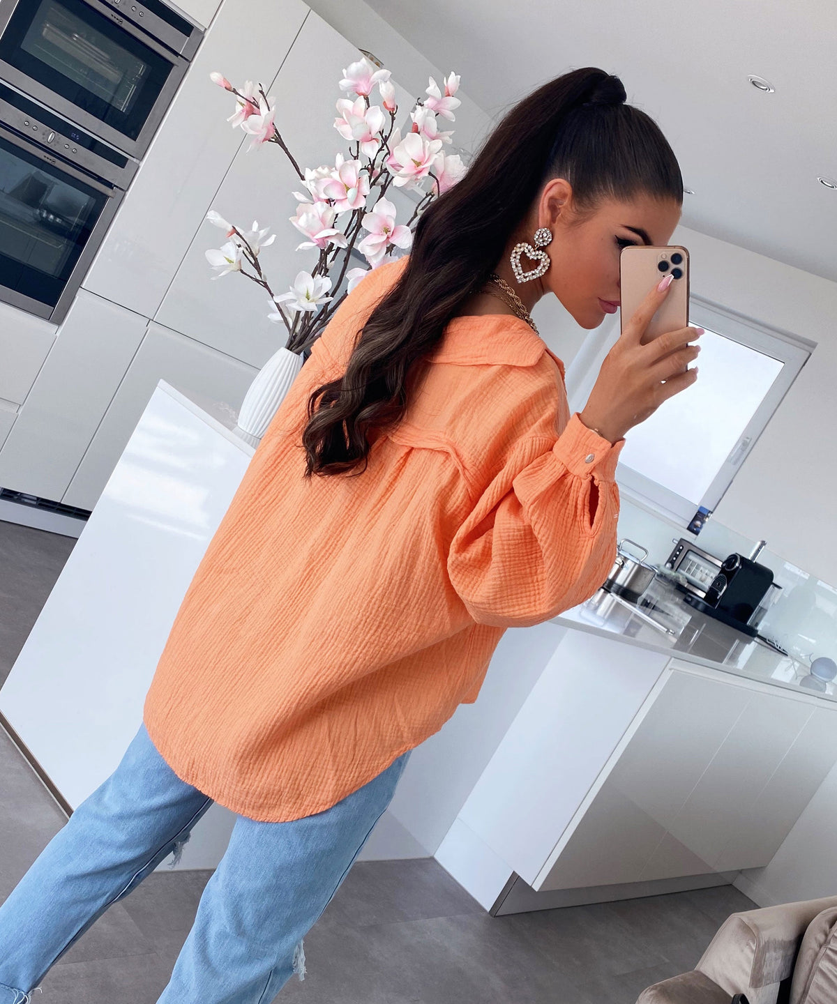 Blusa oversize de muselina Freya – naranja pastel, manga corta