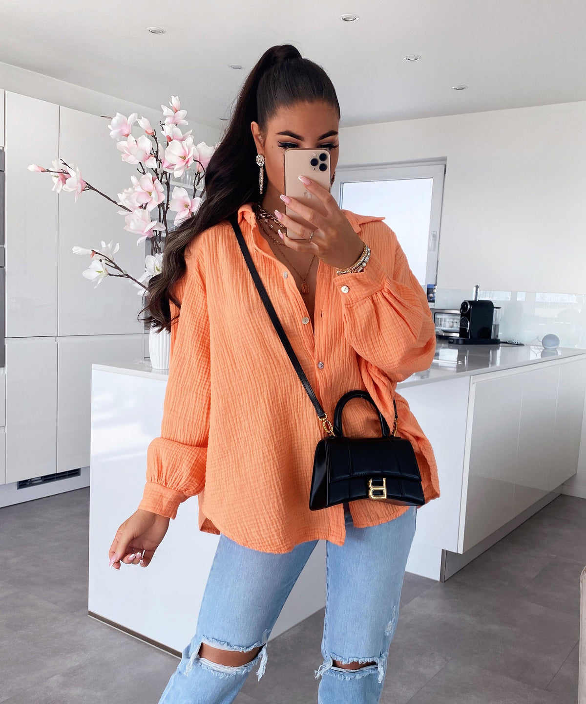 Blusa oversize de muselina Freya – naranja pastel, manga corta