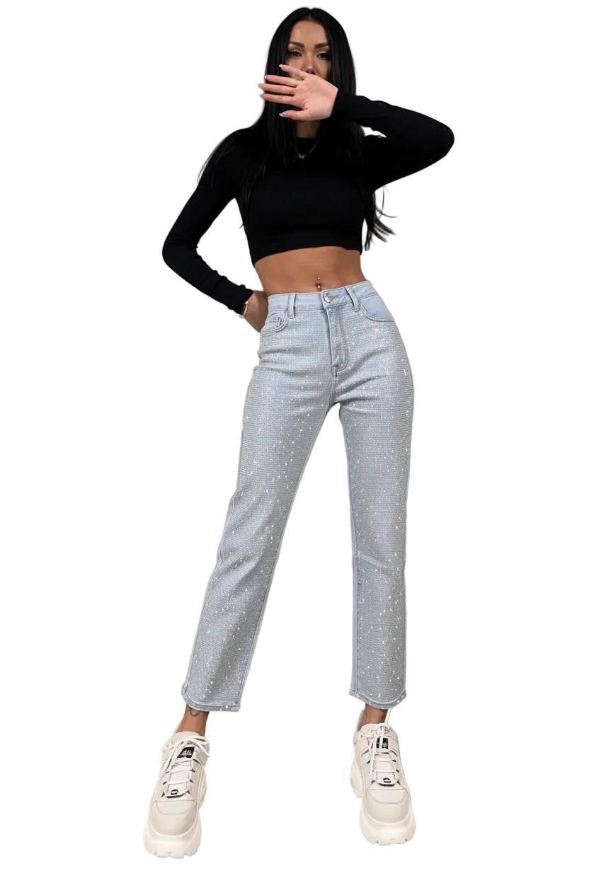 Jeans mom elásticos con purpurina Leandra – Denim elegante con un glamour resplandeciente